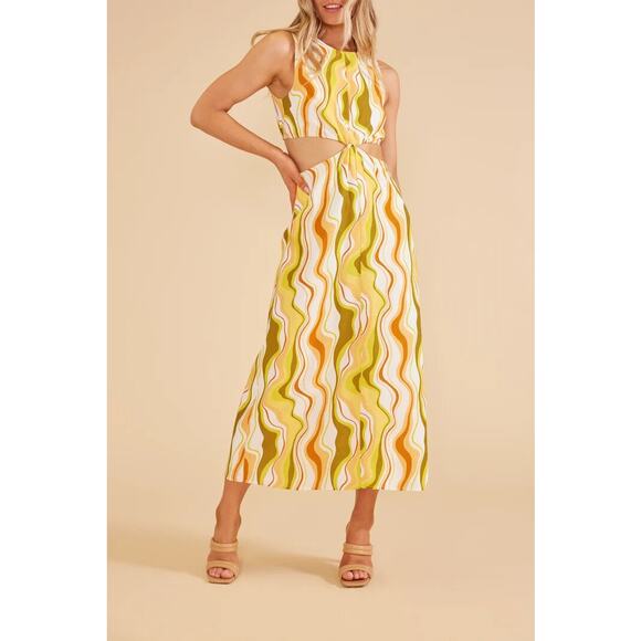 MINKPINK Dresses & Skirts - MINKPINK NWT Ziggy 70s Cut Out Midi Dress Size M Abstract Print Viscose Linen